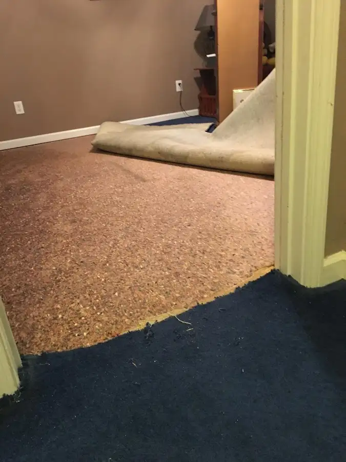 Carpet pad removal revealing water damage during Drying & Dehumidification in Marble Falls